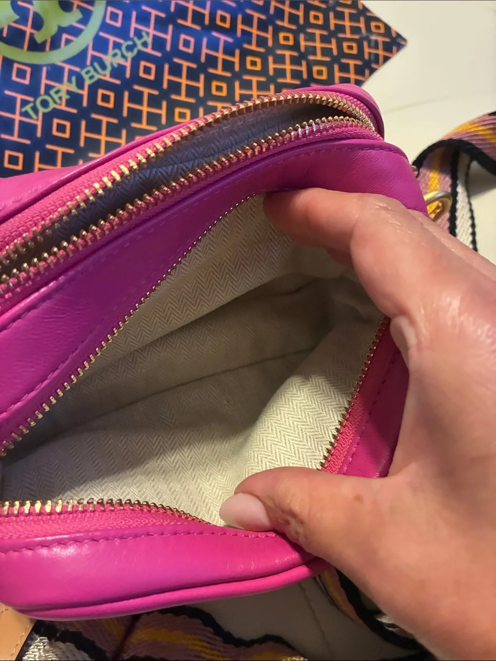 Tory Burch Fuchsia Embossed Leather Crossbody with Striped Web Strap